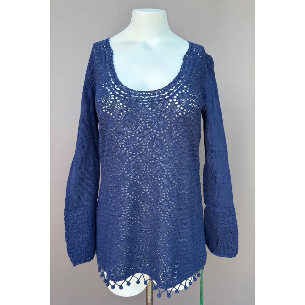 Lilly Pulitzer XL Blue Crochet Cotton Bell Sleeve Pom Pom Sweater Top Boho Knit
